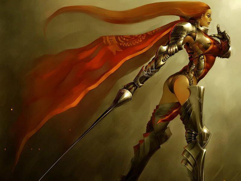 Female Warrior with Sword — Red, Dramatic, Digital Art