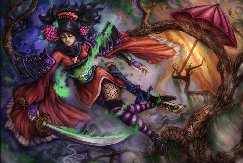 Female Warrior with Sword — Red, Dramatic, Digital Art, Umbrella