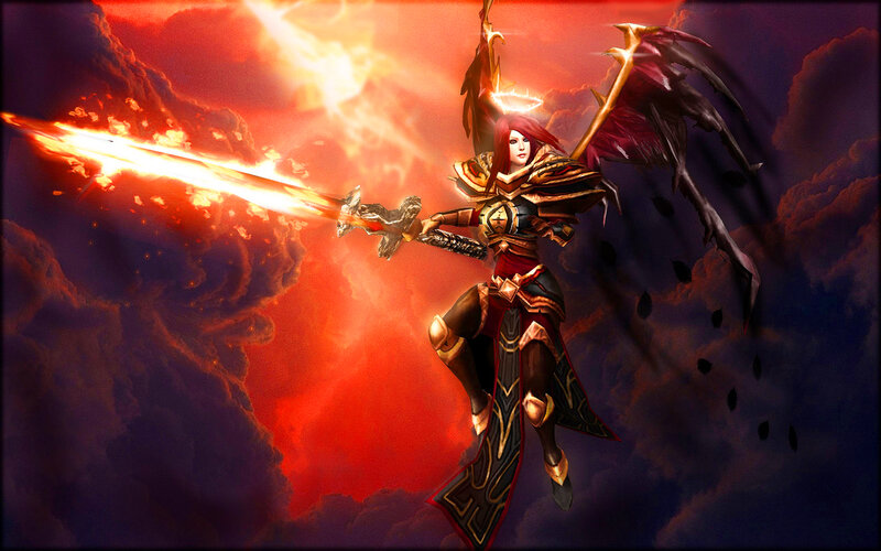 Female Warrior with Sword — Red, Dramatic, Digital Art, Wings, Clouds