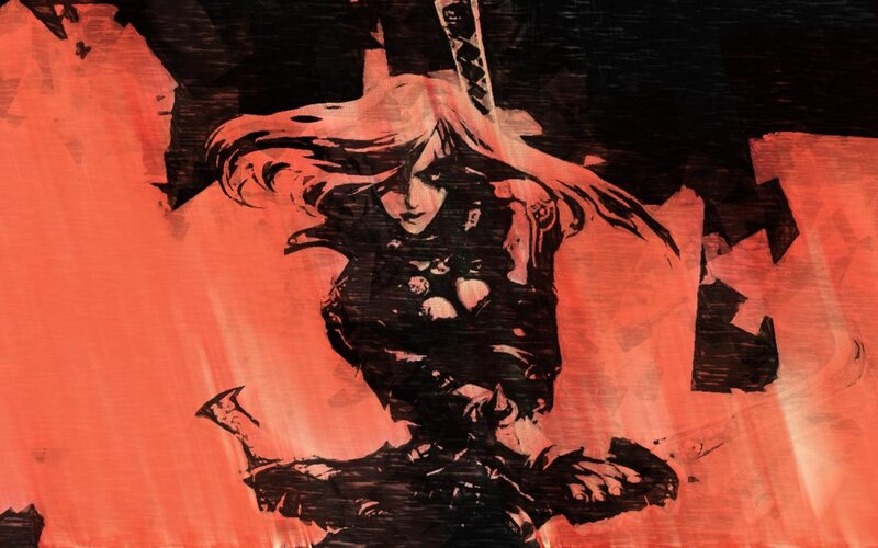 Female Warrior with Sword — Red, Dramatic, Manga