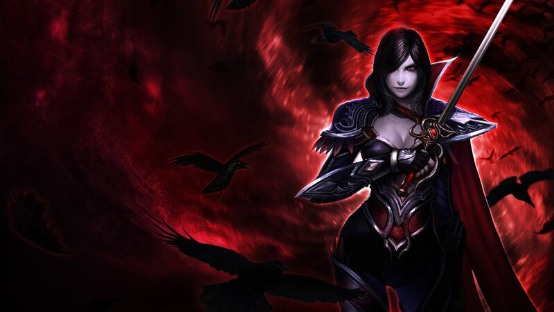 Female Warrior with Sword — Red, Dramatic, Night, Digital Art, Crows, Cape