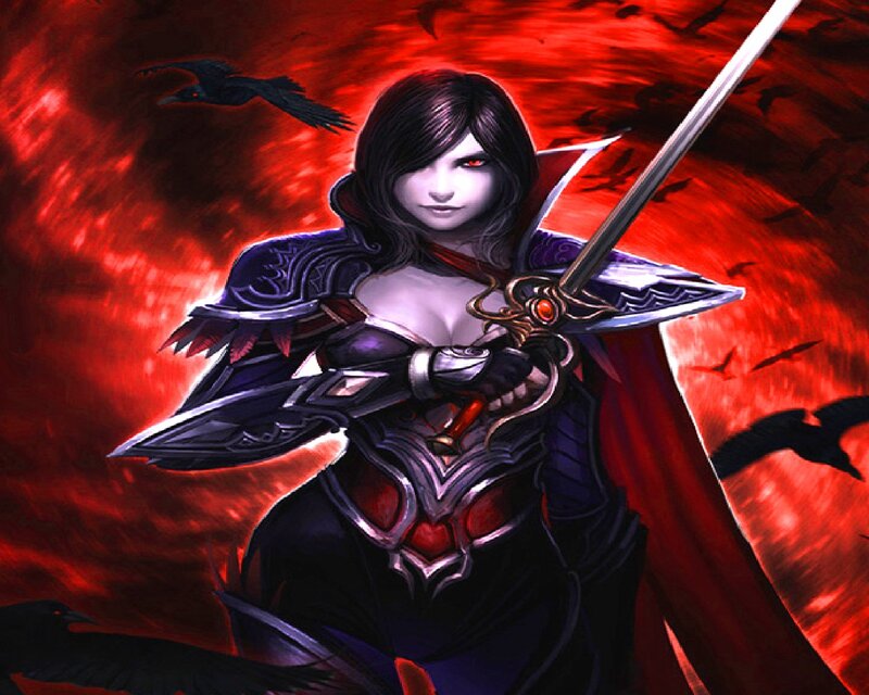 Female Warrior with Sword — Red, Dramatic, Night, Digital Art, Crows