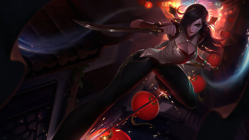 Female Warrior with Sword — Red, Dramatic, Night, Digital Art, Lanterns