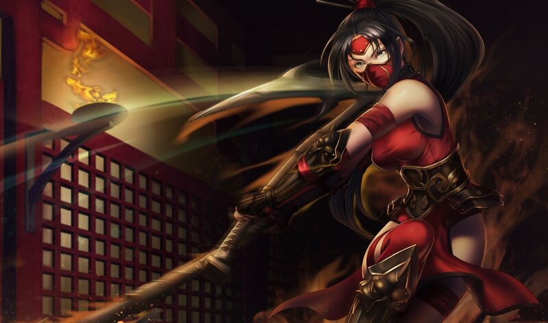 Female Warrior with Sword — Red, Dramatic, Night, Digital Art, Mask, Fire