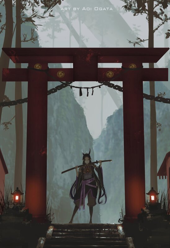 Female Warrior with Sword — Red, Dramatic, Night, Digital Art, Torii Gate