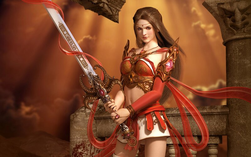 Female Warrior with Sword — Red, Dramatic, Sunset, 3d Render, Ribbon, Armor