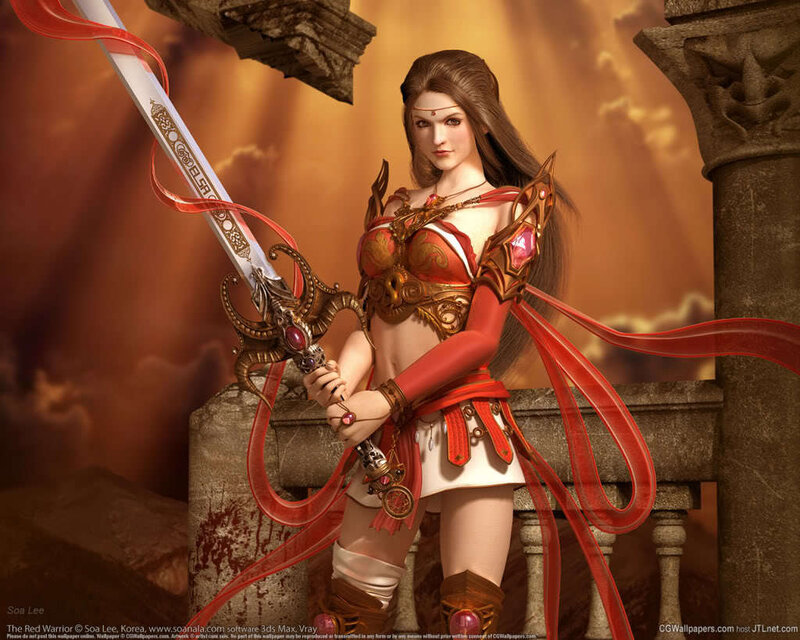 Female Warrior with Sword — Red, Dramatic, Sunset, 3d Render