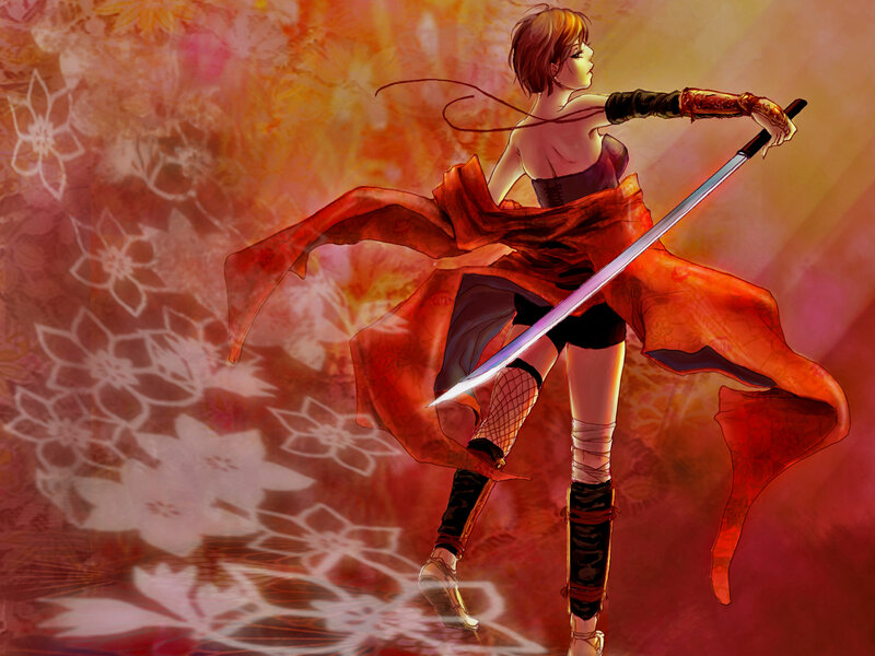 Female Warrior with Sword — Red, Dramatic, Sunset, Anime, Cloak