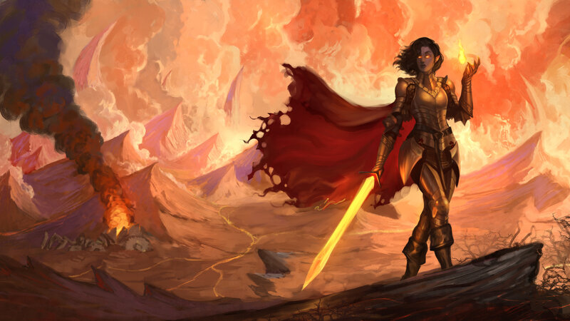 Female Warrior with Sword — Red, Dramatic, Sunset, Digital Art, Cape, Fire