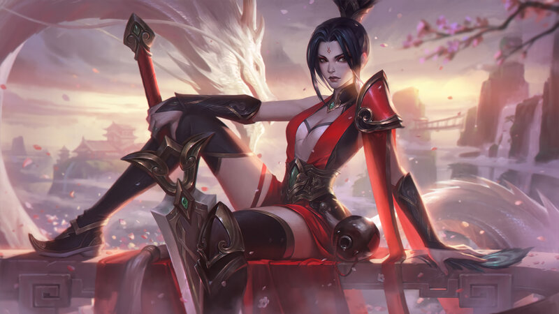 Female Warrior with Sword — Red, Dramatic, Sunset, Digital Art, Cherry Blossoms