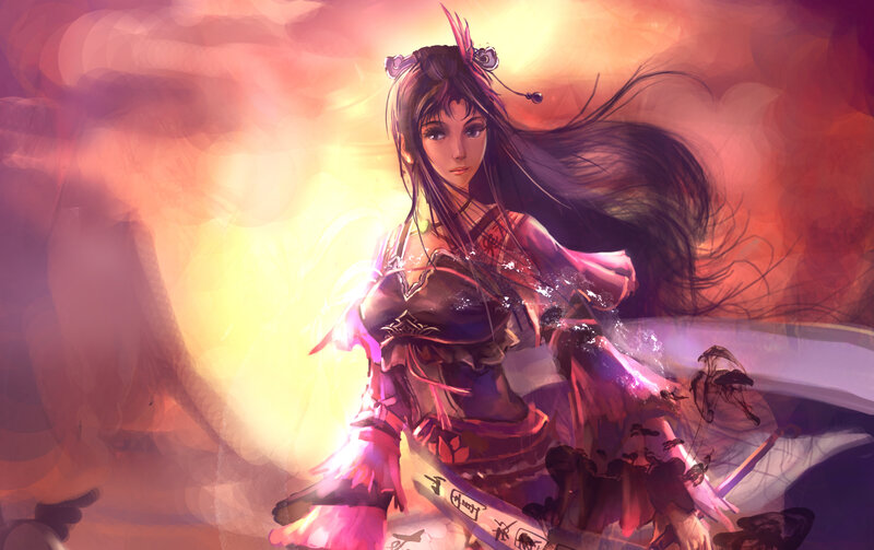 Female Warrior with Sword — Red, Dramatic, Sunset, Digital Art, Long Hair