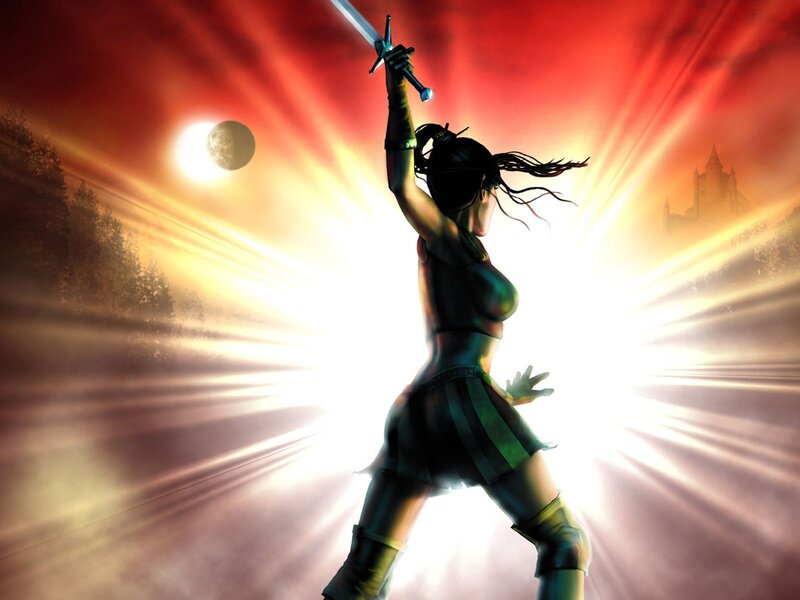 Female Warrior with Sword — Red, Dramatic, Sunset, Digital Art, Moon