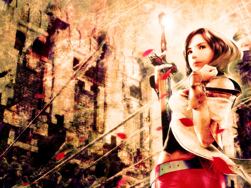 Female Warrior with Sword — Red, Dramatic, Sunset, Digital Art, Red Leaves