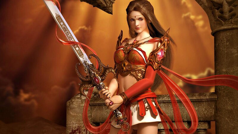 Female Warrior with Sword — Red, Dramatic, Sunset, Digital Art, Red Ribbons