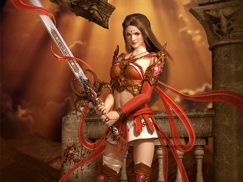 Female Warrior with Sword — Red, Dramatic, Sunset, Digital Art, Ribbon