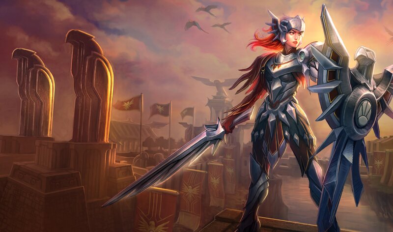 Female Warrior with Sword — Red, Dramatic, Sunset, Digital Art, Shield, Flags