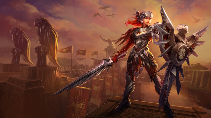 Female Warrior with Sword — Red, Dramatic, Sunset, Digital Art, Shield, Statues