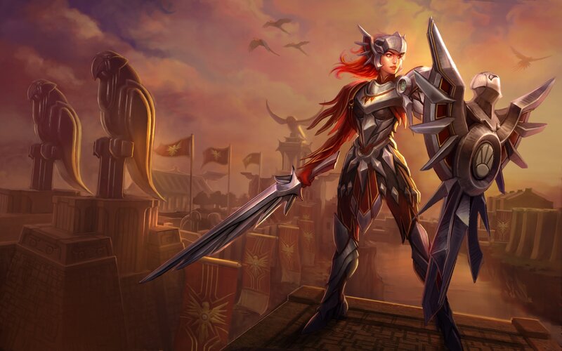 Female Warrior with Sword — Red, Dramatic, Sunset, Digital Art, Shield