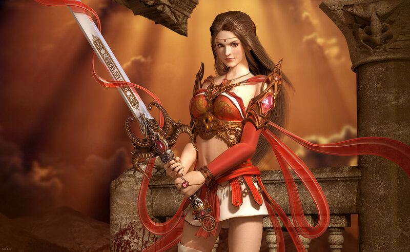 Female Warrior with Sword — Red, Dramatic, Sunset