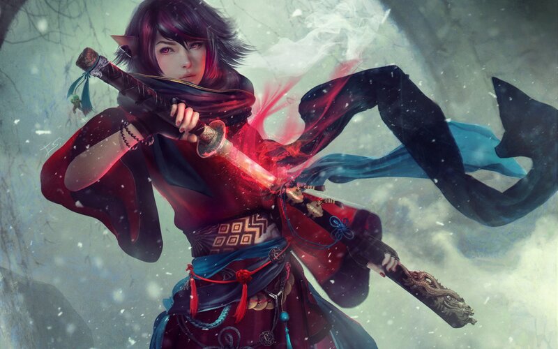 Female Warrior with Sword — Red, Dramatic, Winter, Digital Art