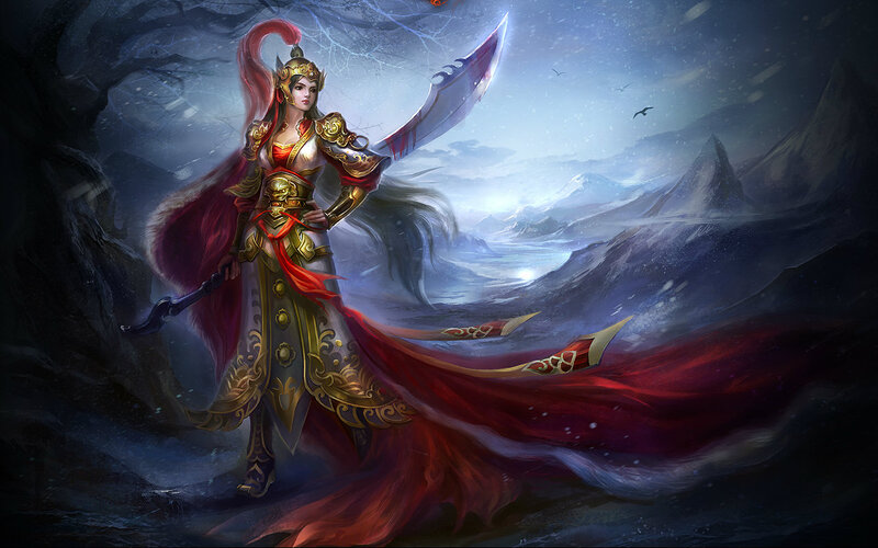 Female Warrior with Sword — Red, Dramatic, Winter