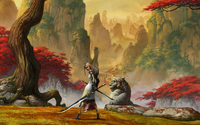 Female Warrior with Sword — Red, Serene