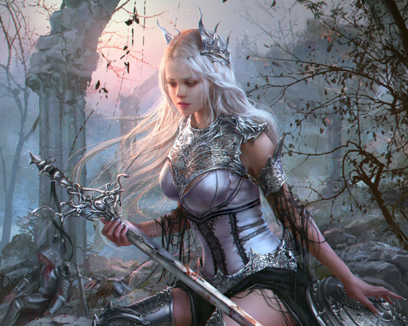 Female Warrior with Sword — Silver, Dramatic, Sunset
