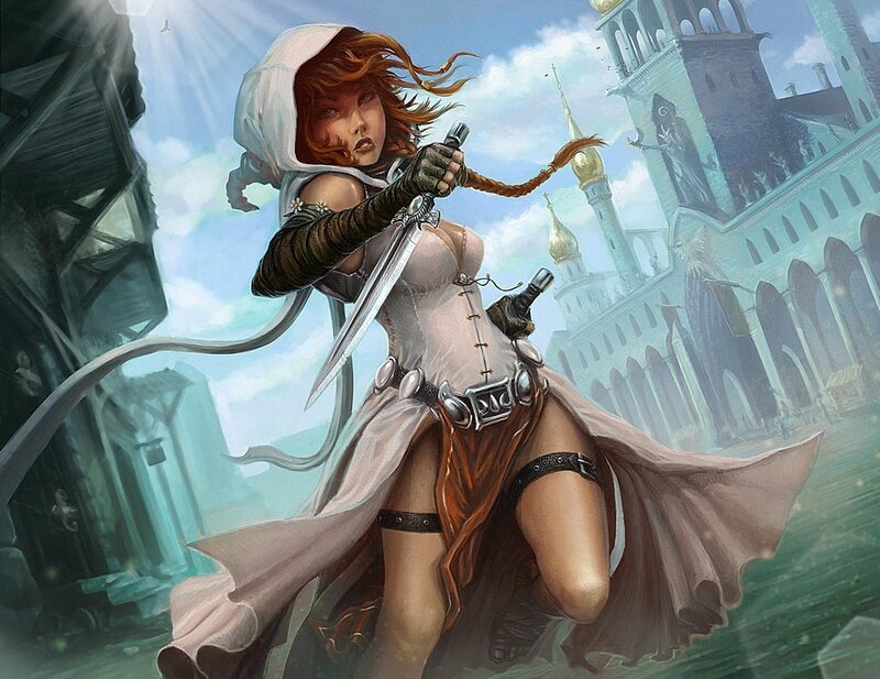 Female Warrior with Sword — White, Dramatic, Afternoon, Digital Art, Castle, Hooded Cloak