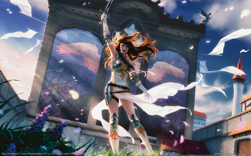 Female Warrior with Sword — White, Dramatic, Afternoon, Digital Art, Castle, Stained Glass
