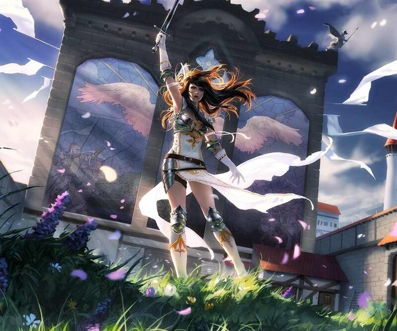 Female Warrior with Sword — White, Dramatic, Afternoon, Digital Art, Castle
