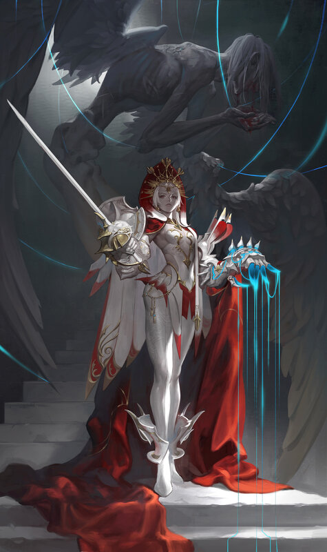 Female Warrior with Sword — White, Dramatic, Digital Art, Angelic Figure