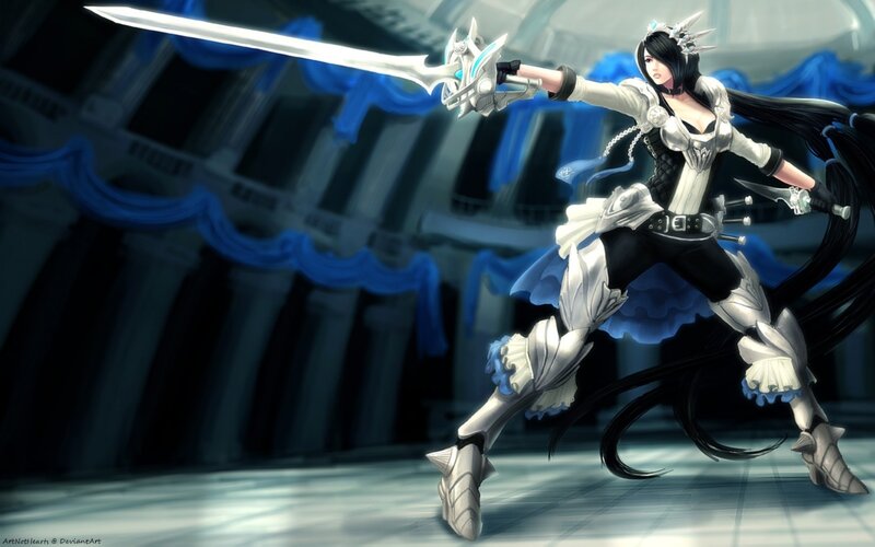 Female Warrior with Sword — White, Dramatic, Digital Art, Armor, Blue Drapery