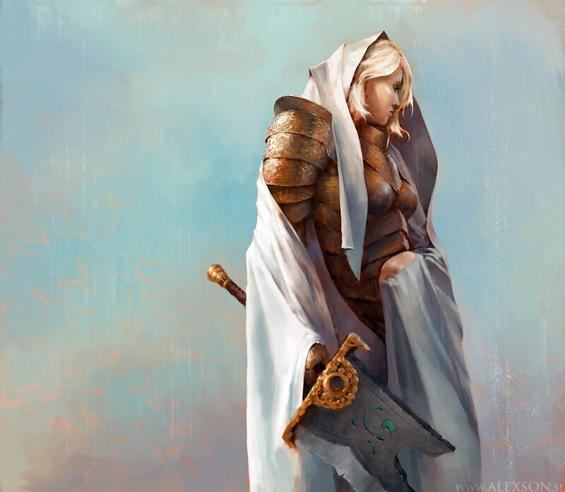 Female Warrior with Sword — White, Dramatic, Digital Art, Armor, Cloak