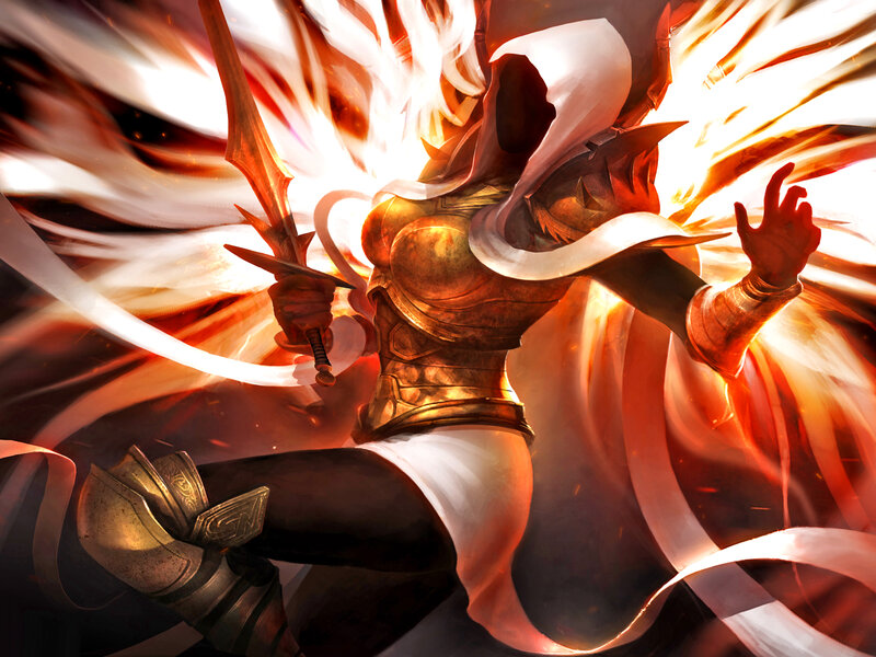 Female Warrior with Sword — White, Dramatic, Digital Art, Armor, Fire