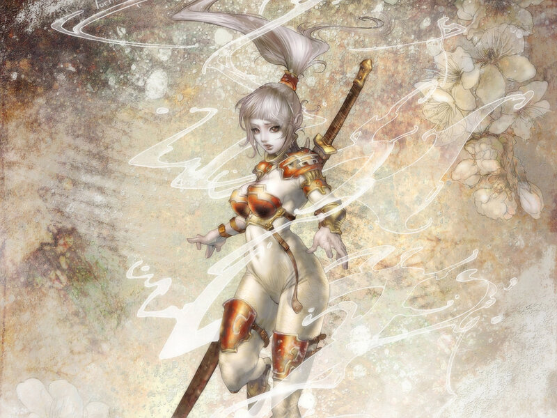 Female Warrior with Sword — White, Dramatic, Digital Art, Armor, Flowers