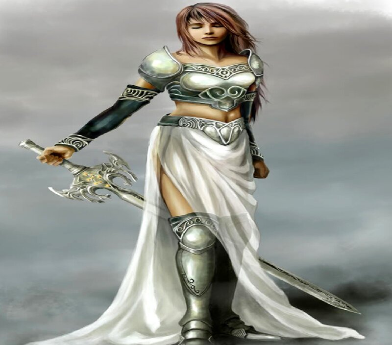 Female Warrior with Sword — White, Dramatic, Digital Art, Armor, Skirt