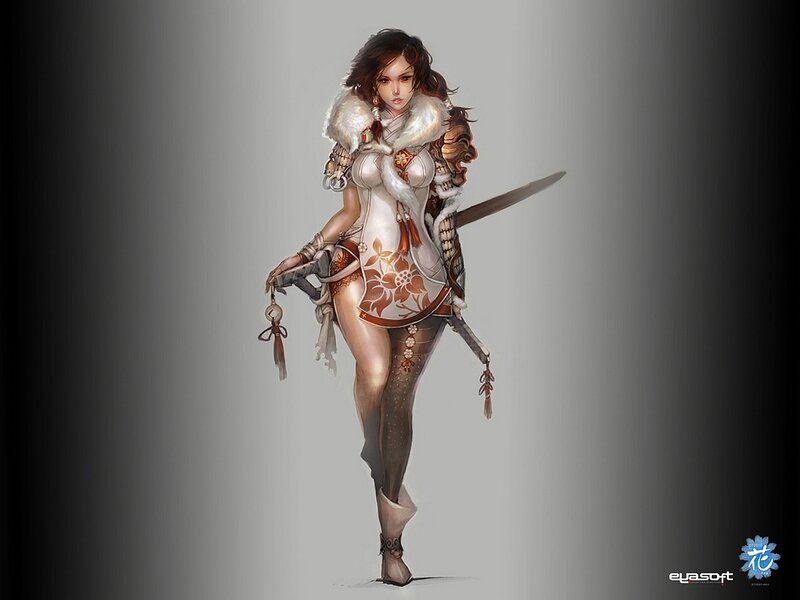Female Warrior with Sword — White, Dramatic, Digital Art, Fur Collar