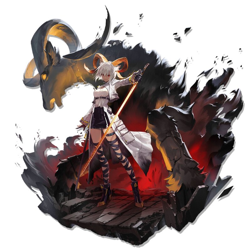 Female Warrior with Sword — White, Dramatic, Digital Art, Goat-like Creature