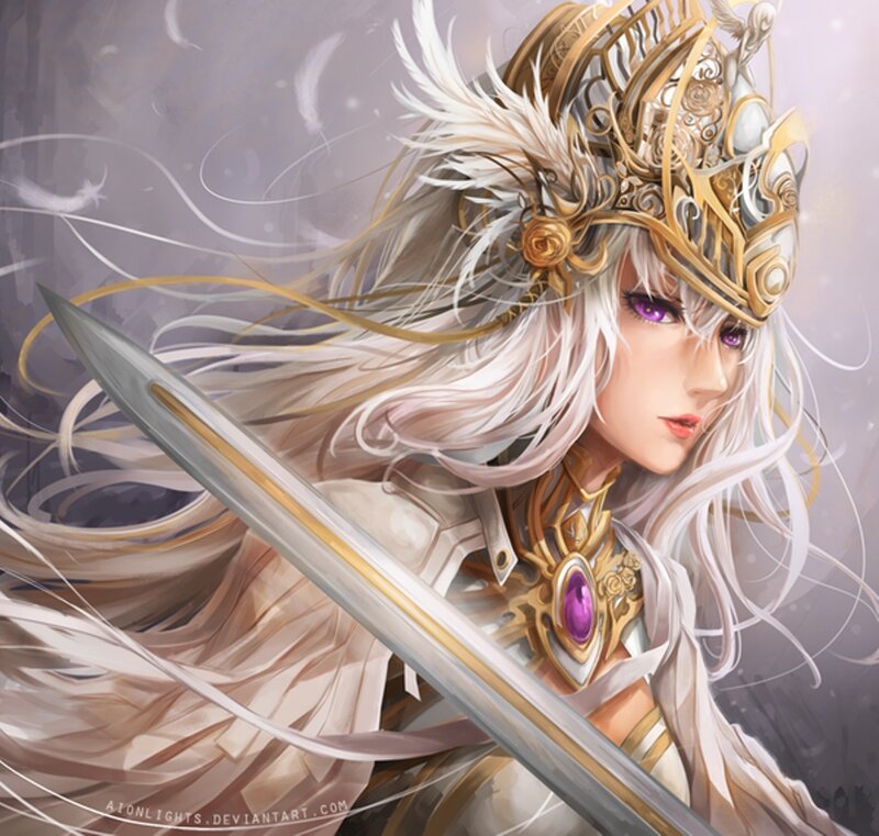 Female Warrior with Sword — White, Dramatic, Digital Art, Helmet