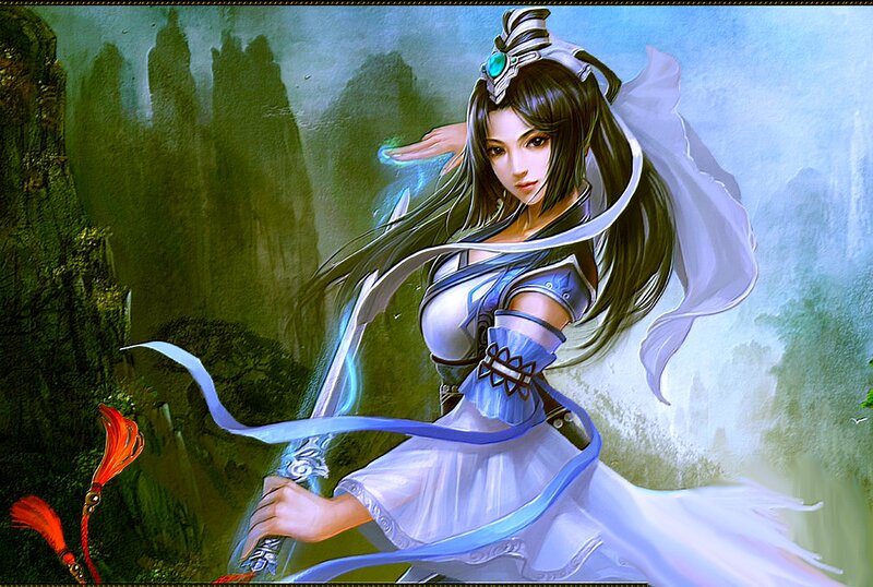 Female Warrior with Sword — White, Dramatic, Digital Art, Mountain
