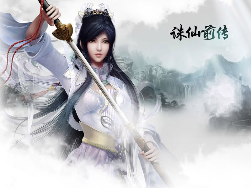 Female Warrior with Sword — White, Dramatic, Digital Art, Mountains