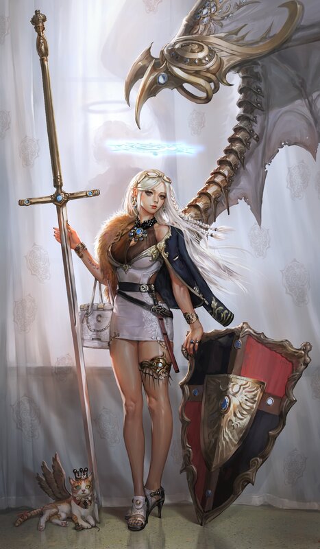 Female Warrior with Sword — White, Dramatic, Digital Art, Shield, Cat