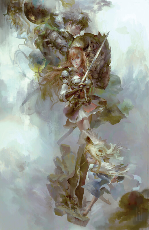 Female Warrior with Sword — White, Dramatic, Digital Art, Shield, Clouds