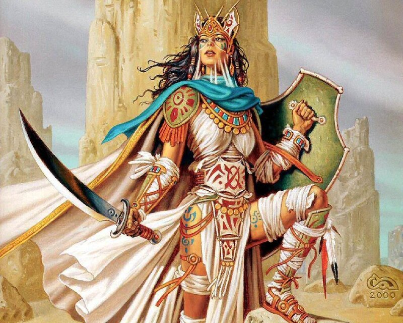 Female Warrior with Sword — White, Dramatic, Digital Art, Shield, Crown