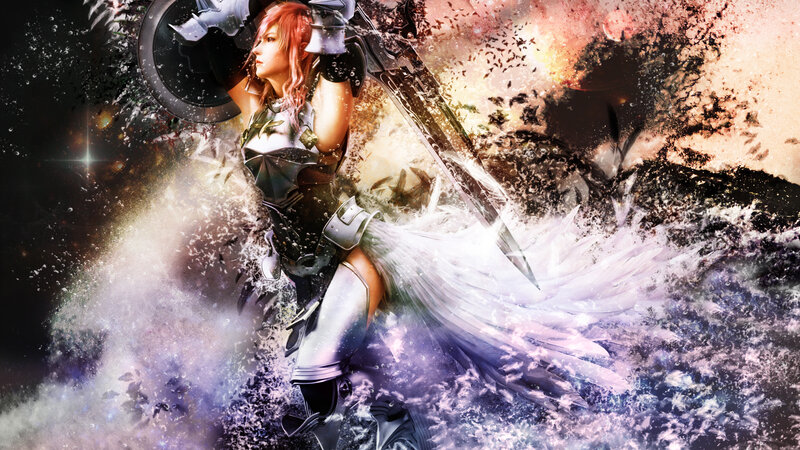 Female Warrior with Sword — White, Dramatic, Digital Art, Shield, Feathers