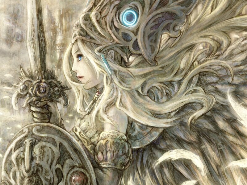 Female Warrior with Sword — White, Dramatic, Digital Art, Shield, Glowing Eye