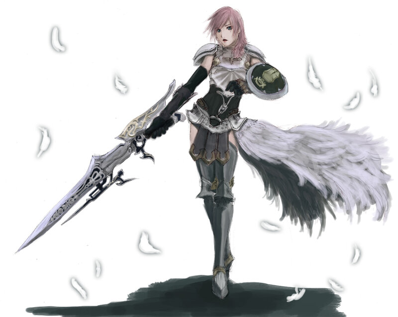 Female Warrior with Sword — White, Dramatic, Digital Art, Shield