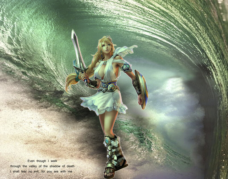 Female Warrior with Sword — White, Dramatic, Digital Art, Shield, Wave
