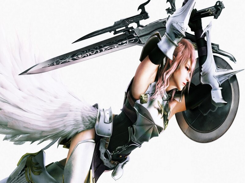Female Warrior with Sword — White, Dramatic, Digital Art, Shield, Wings