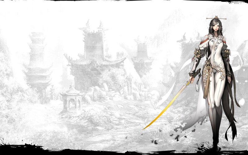 Female Warrior with Sword — White, Dramatic, Digital Art, Temple